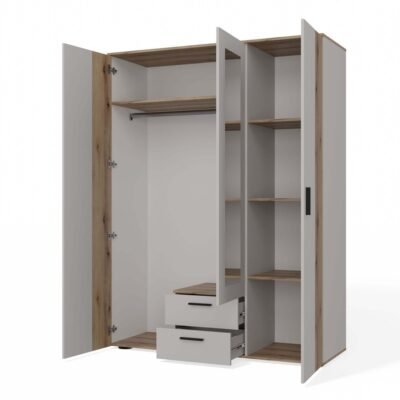 ava2 Kledingkast AVA 150 – 150 cm – Evoke eiken / Kasjmier beige – 2 laden – met spiegel – geribbeld front