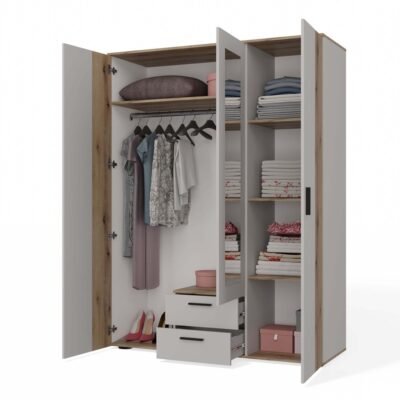 ava3 Kledingkast AVA 150 – 150 cm – Evoke eiken / Kasjmier beige – 2 laden – met spiegel – geribbeld front