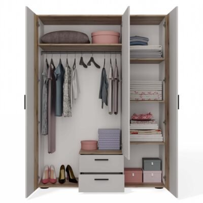 ava4 Kledingkast AVA 150 – 150 cm – Evoke eiken / Kasjmier beige – 2 laden – met spiegel – geribbeld front