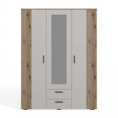 ava6 Kledingkast AVA 150 – 150 cm – Evoke eiken / Kasjmier beige – 2 laden – met spiegel – geribbeld front
