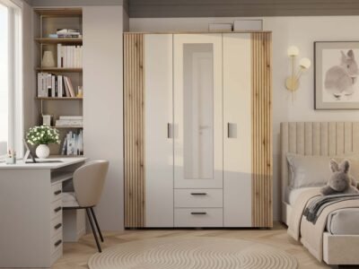 ava7 Kledingkast AVA 150 – 150 cm – Evoke eiken / Kasjmier beige – 2 laden – met spiegel – geribbeld front