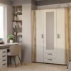 ava8 Kledingkast AVA 150 – 150 cm – Evoke eiken / Kasjmier beige – 2 laden – met spiegel – geribbeld front