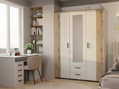 ava8 Kledingkast AVA 150 – 150 cm – Evoke eiken / Kasjmier beige – 2 laden – met spiegel – geribbeld front