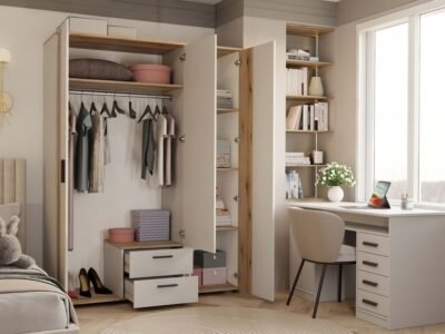 ava9 Kledingkast AVA 150 – 150 cm – Evoke eiken / Kasjmier beige – 2 laden – met spiegel – geribbeld front