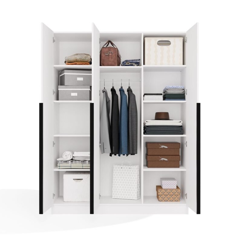 brylka1 Kledingkast SENSO 3D 150 – 150 cm – Wit / Zwart – 3 deuren