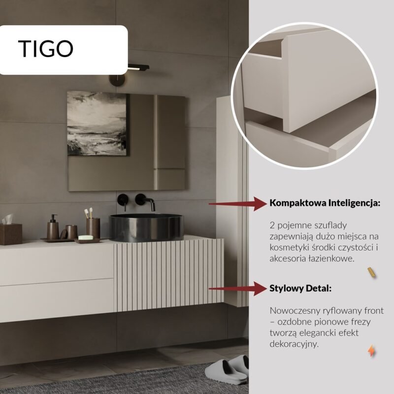 Wastafelmeubel TIGO 1D2S – 140 cm – Kasjmier – 2 laden – hangend – geribbeld front – met wastafel