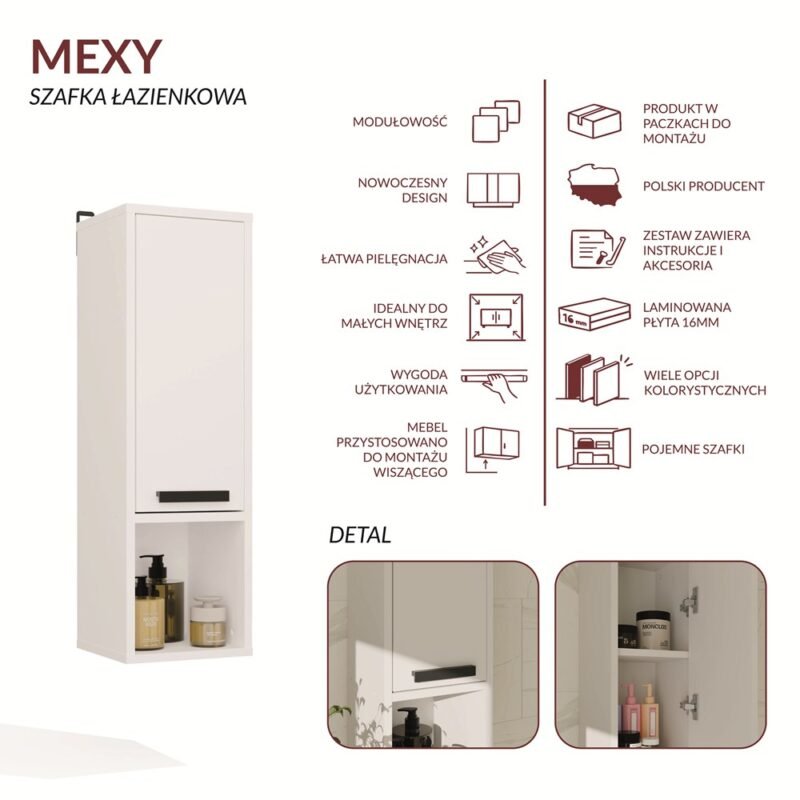 grafikanastroneinfografika4 Badkamerkast MEXY W1D – 1 deur – 3 planken – hangend