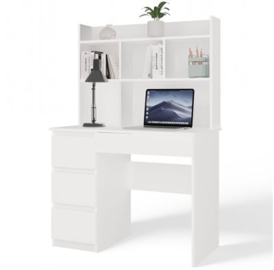 miniaturka Bureau MIJAS – Mat wit / Wit – 4 laden – 4 planken – links – met opzetstuk