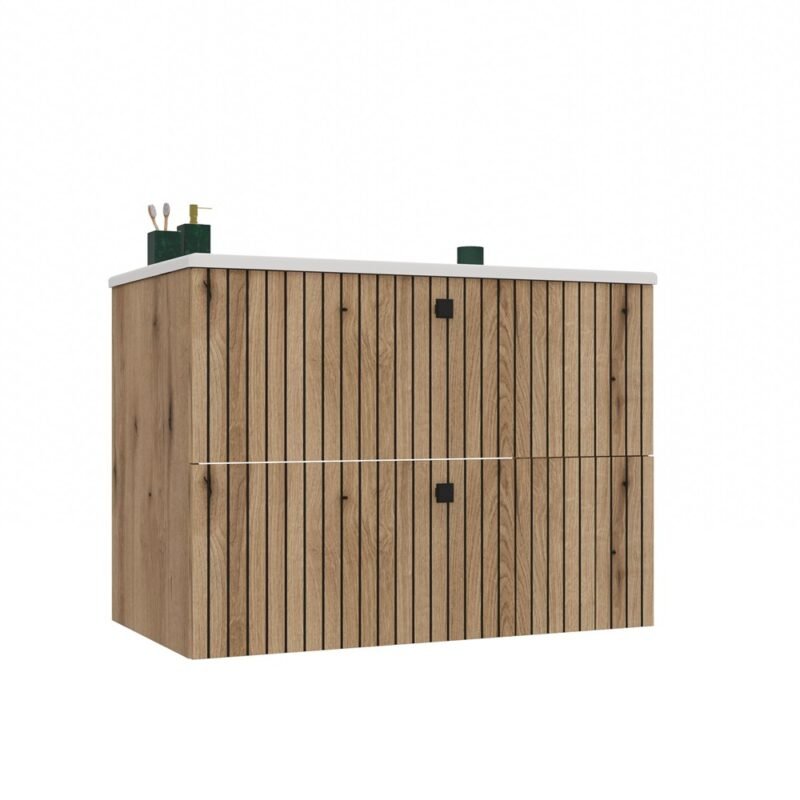 Wastafelmeubel TIGO 80 2S – Evoke eiken – geribbeld front – met wastafel