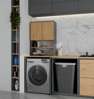 Wasmachinekast POLA MULTI – Artisan eiken / Antraciet – met opbergruimte