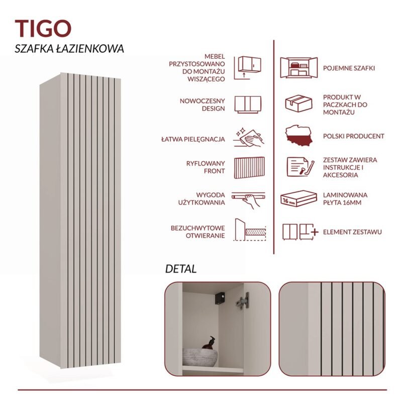Badkamerkast TIGO 1D – Kasjmier – hangend – geribbeld front