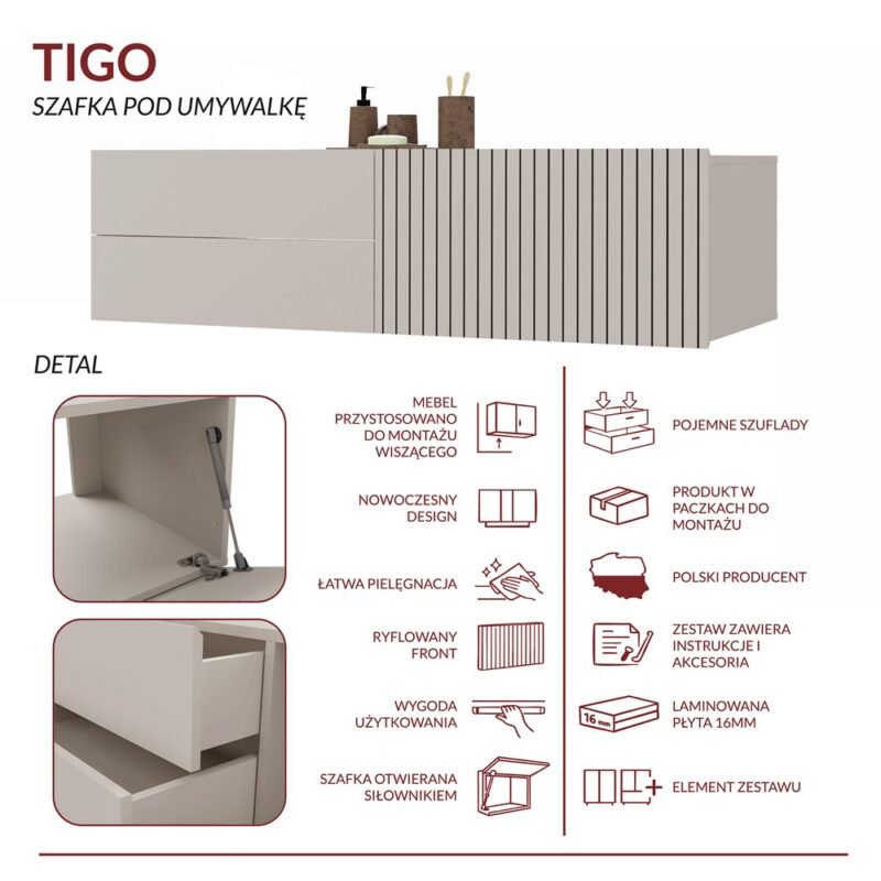 Wastafelmeubel TIGO 1D2S – 140 cm – Kasjmier – 2 laden – hangend – geribbeld front – met wastafel