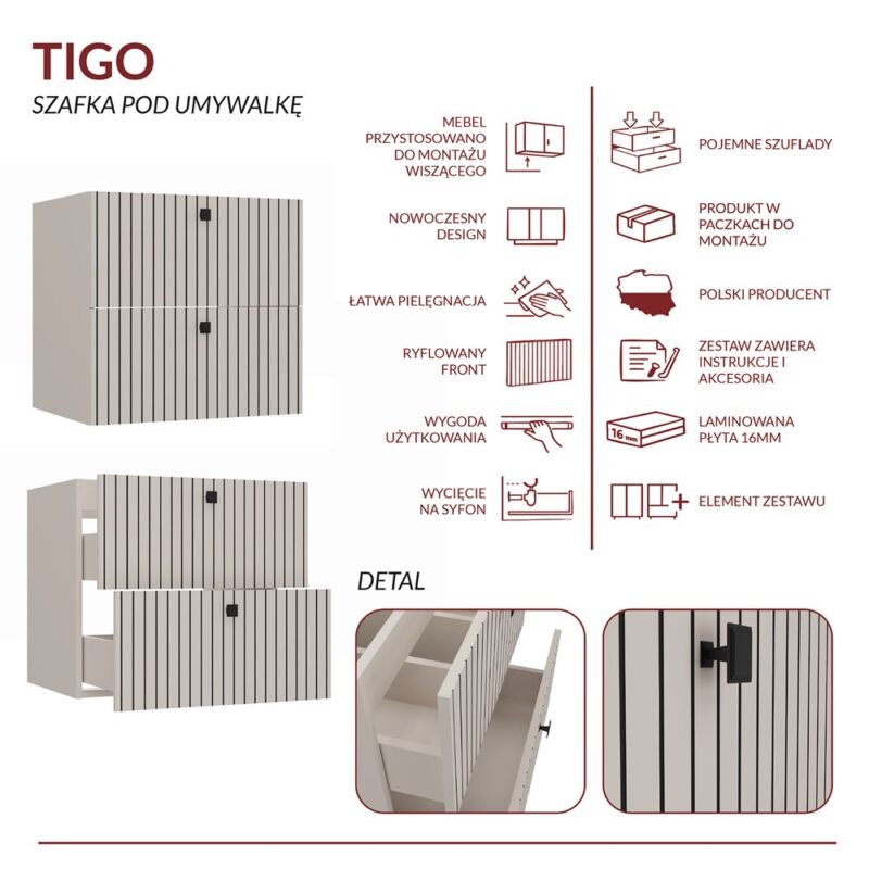 Wastafelmeubel TIGO 60 2S – Kasjmier – 2 laden – hangend – geribbeld front – met wastafel