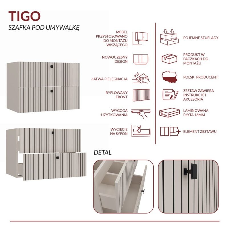 Wastafelmeubel TIGO 80 2S – Kasjmier – 2 laden – hangend – geribbeld front – met wastafel