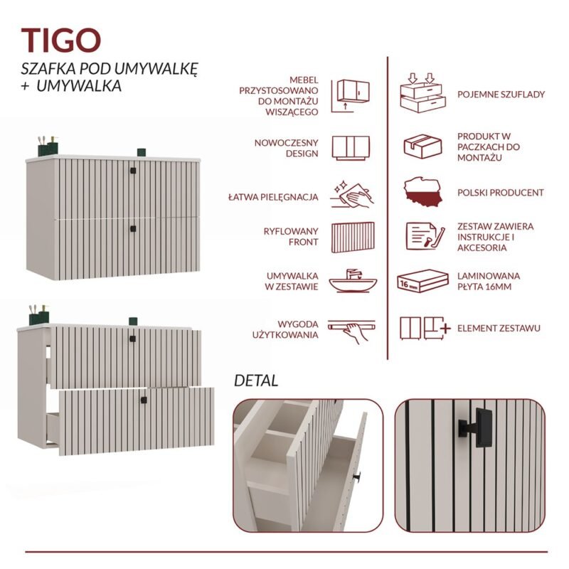 poprawione5 Wastafelmeubel TIGO 80 2S – Kasjmier – geribbeld front – met wastafel