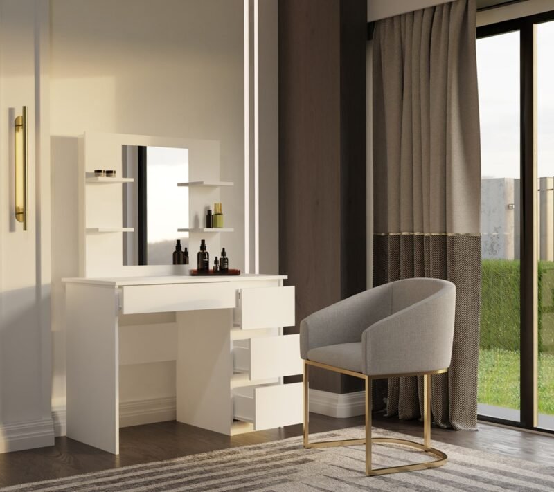 wiz1 Kaptafel MARINA 4P – Wit – 4 laden – 4 planken – rechts – met spiegel