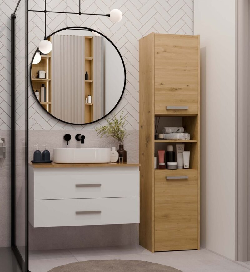 Wastafelmeubel NEL 80 – Artisan eiken / Wit – 2 laden – hangend – met wastafel