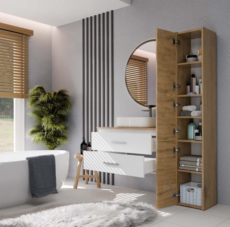 Wastafelmeubel NEL 80 – Artisan eiken / Wit – 2 laden – hangend – met wastafel