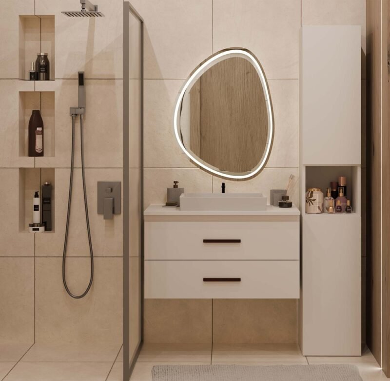 Wastafelmeubel NEL 80 – Kasjmier beige – 2 laden – hangend – met wastafel