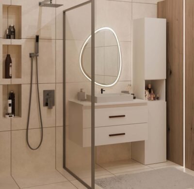 wizka7 Wastafelmeubel NEL 80 – Kasjmier beige – 2 laden – hangend – met wastafel