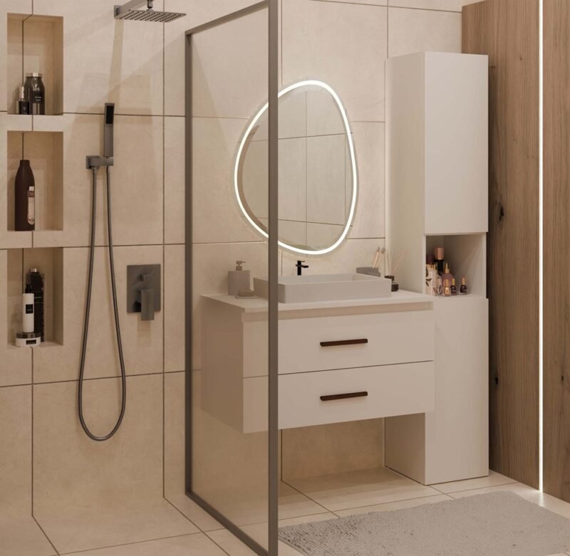 Wastafelmeubel NEL 80 – Kasjmier beige – 2 laden – hangend – met wastafel