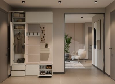 Garderobemeubel HAGA – Kasjmier beige – met beklede zitting