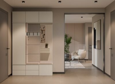 Garderobemeubel HAGA – Kasjmier beige – met beklede zitting