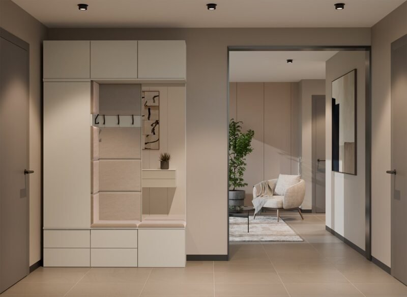 Garderobemeubel HAGA – Kasjmier beige – met beklede zitting