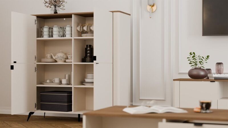 wizopen1 Dressoir CORDOBA 4D – Castello eiken / Kasjmier beige – 4 deuren – 8 planken