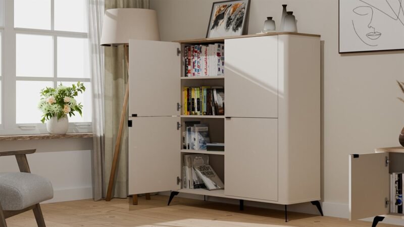 wizopen2 Dressoir CORDOBA 4D – Castello eiken / Kasjmier beige – 4 deuren – 8 planken