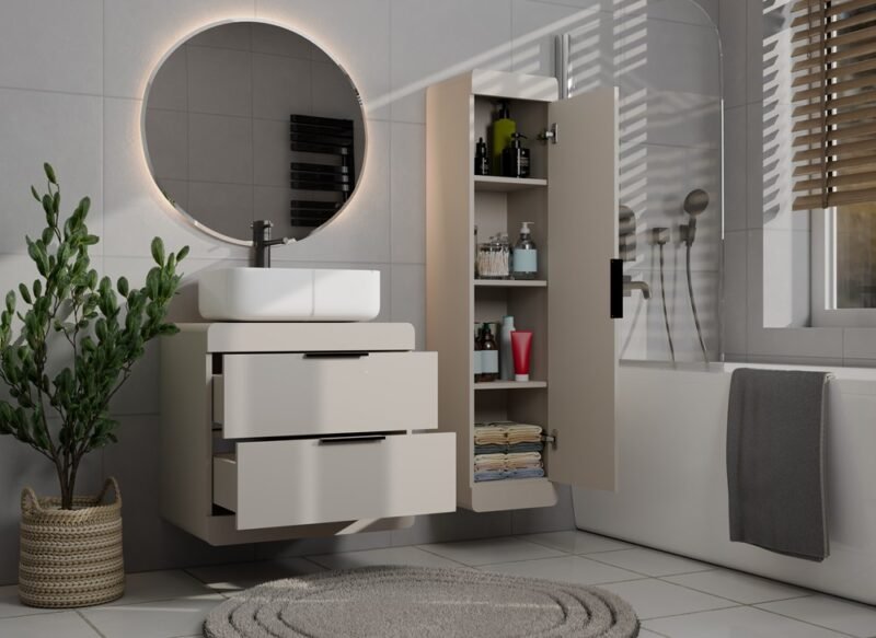 wizua2 Badkamerkast TERRA 1D – Kasjmier beige – 4 planken – hangend