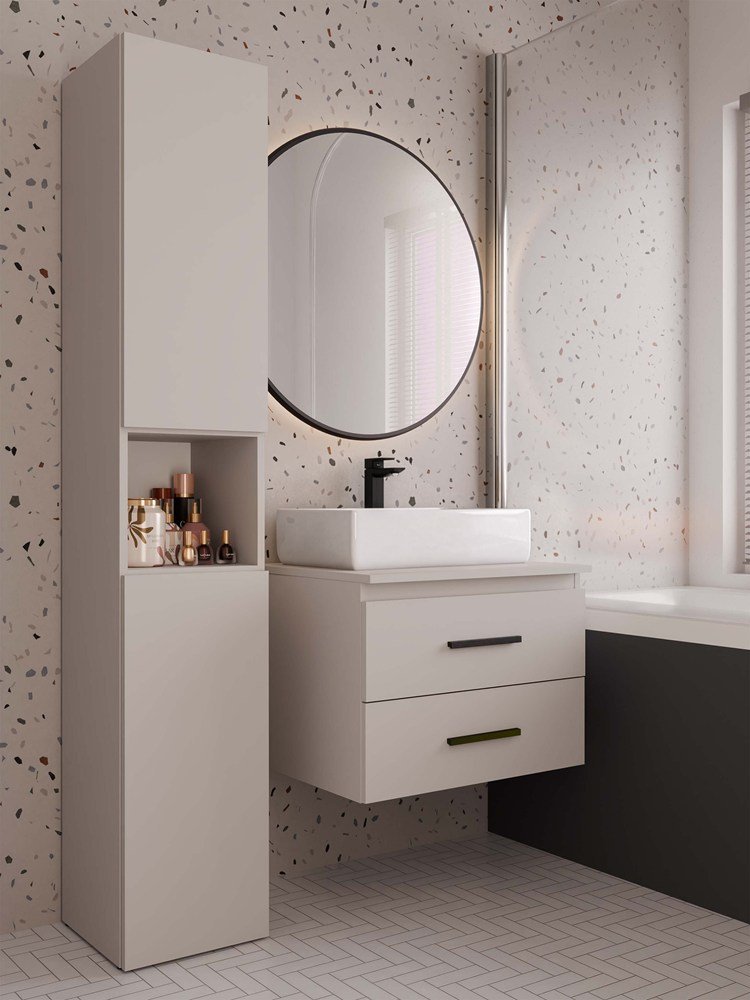 wizua2 Wastafelmeubel NEL 60 UC – Kasjmier beige – 2 laden – hangend – met wastafel