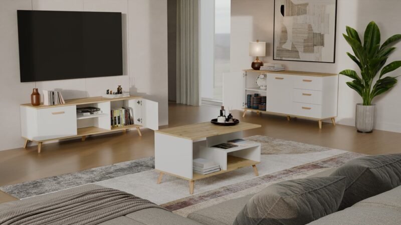 Dressoir OLYMPO 2D3S – 150 cm – Artisan eiken / Wit – 3 laden – 2 deuren