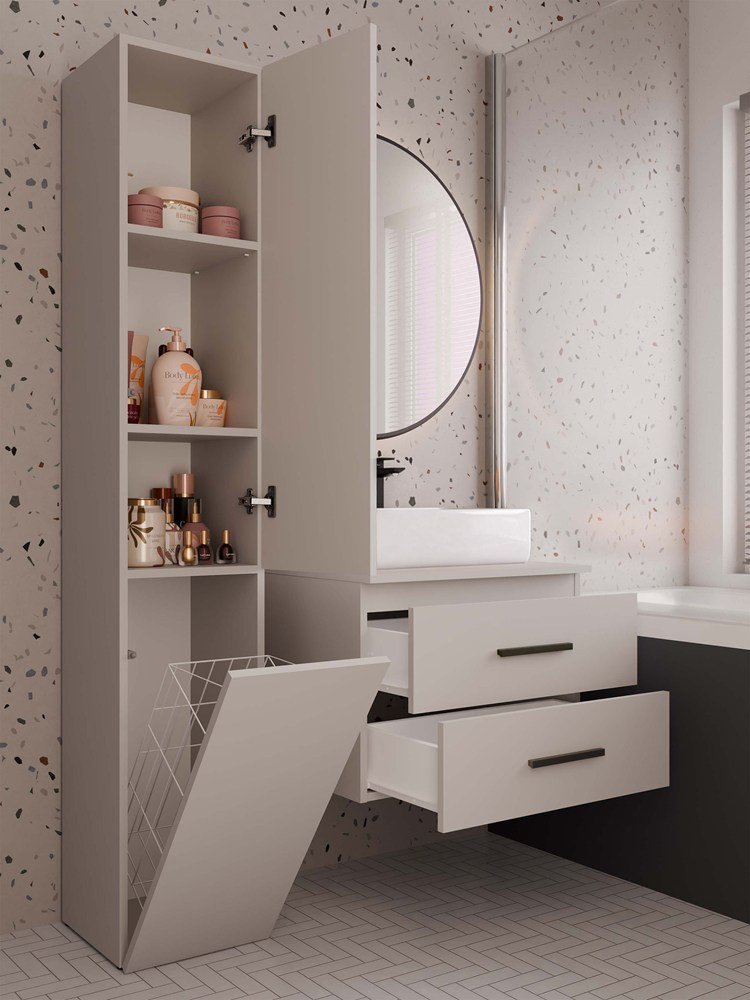 wizua3 Wastafelmeubel NEL 60 UC – Kasjmier beige – 2 laden – hangend – met wastafel