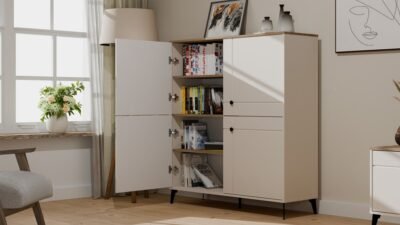 wizual1 Dressoir POINT 4D – Castello eiken / Kasjmier beige – 4 deuren – 8 planken