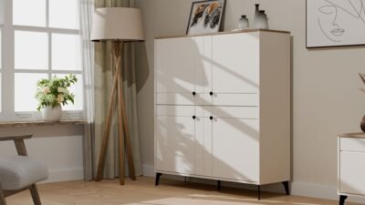 wizual3 Dressoir POINT 4D – Castello eiken / Kasjmier beige – 4 deuren – 8 planken
