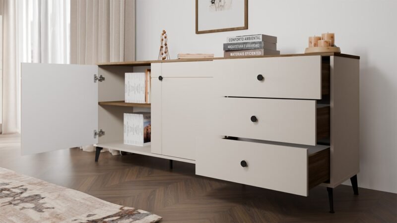 Dressoir POINT 2D3S – Castello eiken / Kasjmier beige – 3 laden – 2 deuren