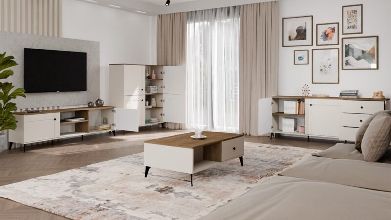 Dressoir POINT 2D3S – Castello eiken / Kasjmier beige – 3 laden – 2 deuren