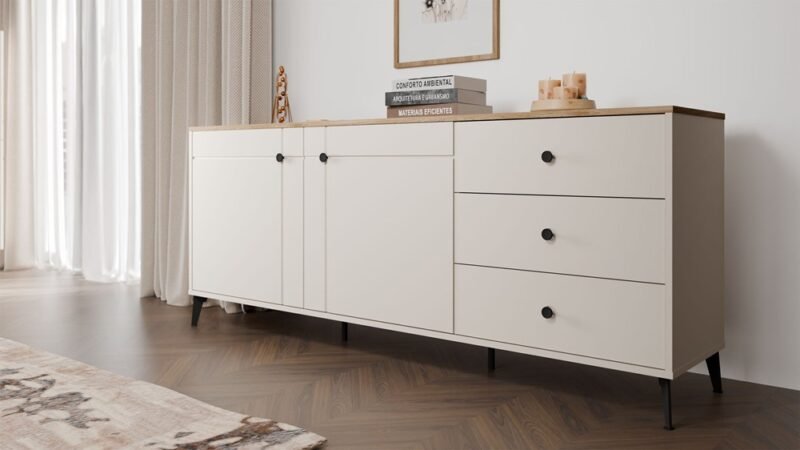 Dressoir POINT 2D3S – Castello eiken / Kasjmier beige – 3 laden – 2 deuren