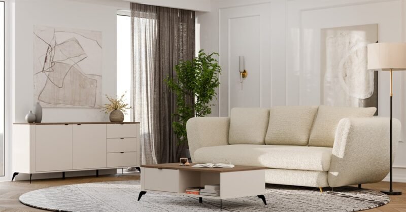 Dressoir CORDOBA 2D3S – Castello eiken / Kasjmier beige – 3 laden – soft-close