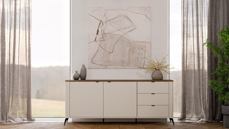 Dressoir CORDOBA 2D3S – Castello eiken / Kasjmier beige – 3 laden – soft-close