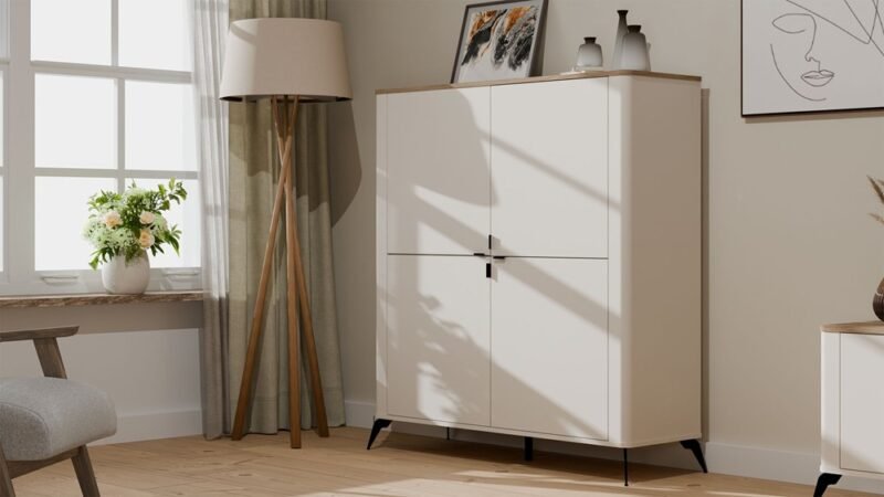 wizz5 Dressoir CORDOBA 4D – Castello eiken / Kasjmier beige – 4 deuren – 8 planken