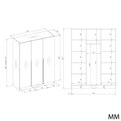 Kledingkast SENSO 3D 150 – 150 cm – Wit / Zwart – 3 deuren