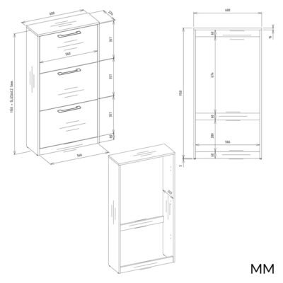 wymiary Schoenenkast Paula – Artisan eiken / Zwart – 3 deuren