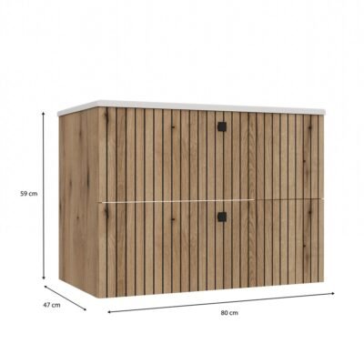 wymiary Wastafelmeubel TIGO 80 2S – Evoke eiken – geribbeld front – met wastafel