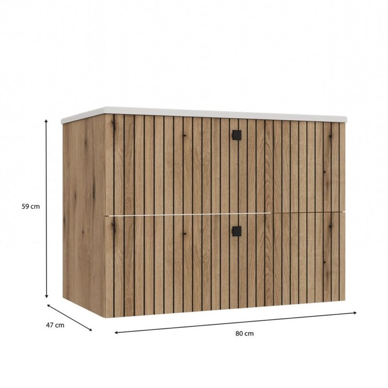 Wastafelmeubel TIGO 80 2S – Evoke eiken – geribbeld front – met wastafel
