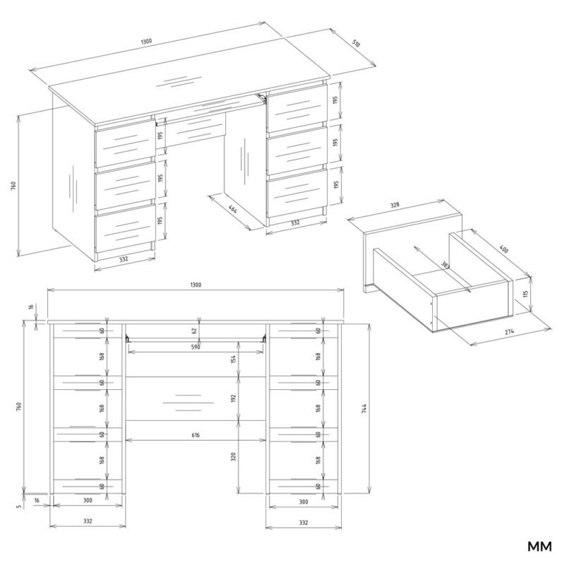 wymiary3 Bureauset Kuba – Wit – met opzetstuk